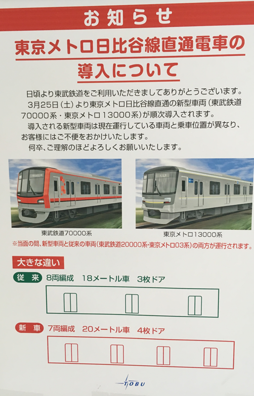 新車導入で乗車位置の変わる伊勢崎線 日比谷線 臨zawa混合列車